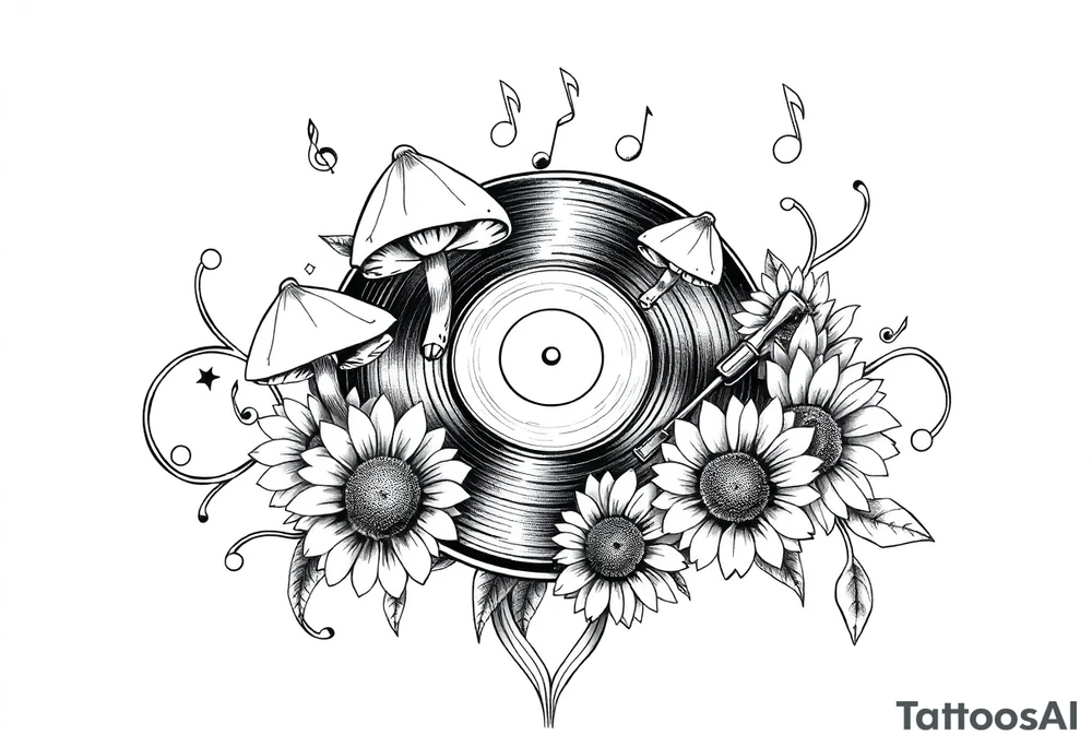 vinyl record player with mushrooms, sunflowers, and music notes around it tattoo idea