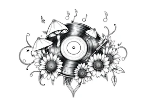 vinyl record player with mushrooms, sunflowers, and music notes around it tattoo idea