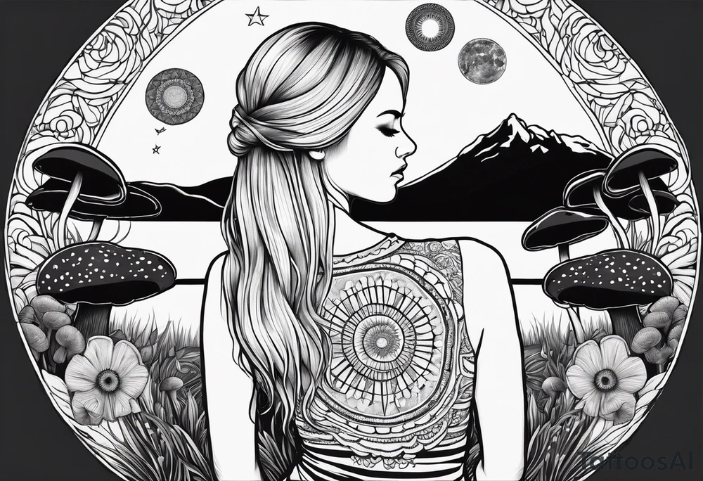 Straight blonde hair girl meditating facing away toward mountains surrounded by mushrooms crescent moon mandala circular design black and white striped dress tattoo idea