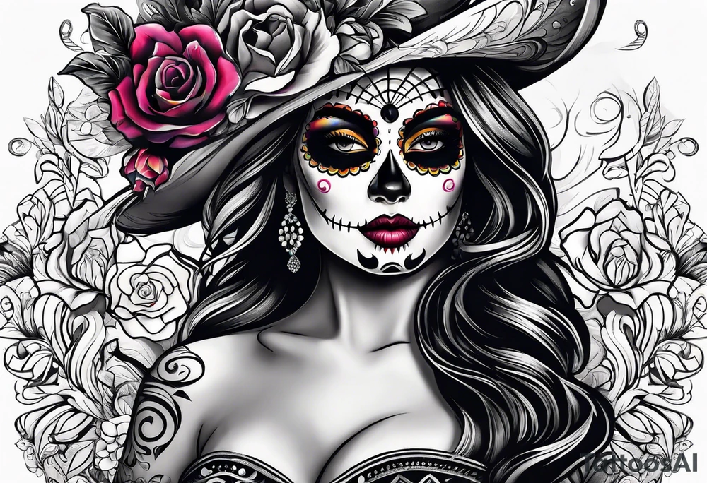 Dia de Los muertos colorful woman tattoo idea