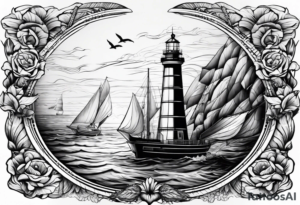 phare maritime dans un bateau entouré de voiles. tattoo idea