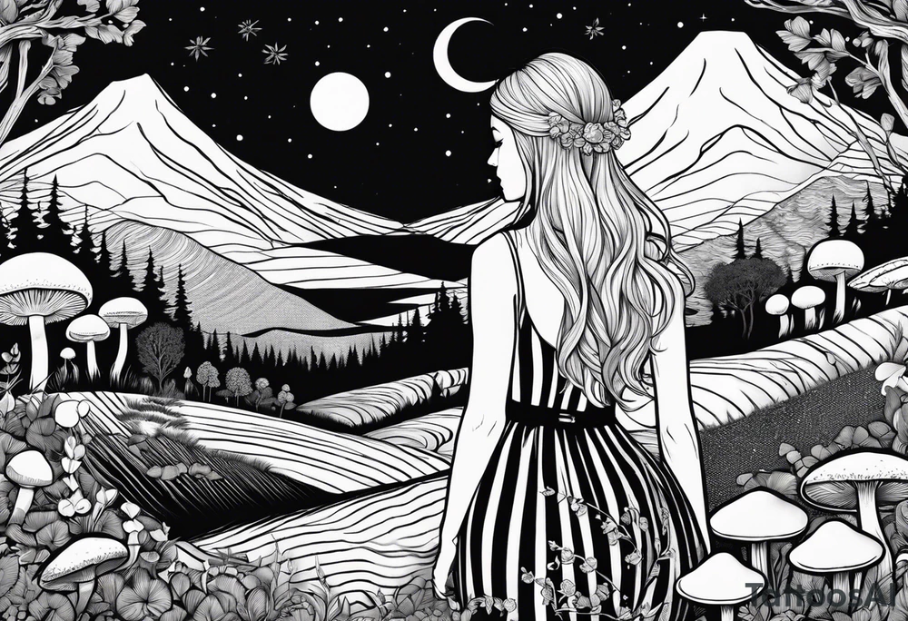 Straight blonde hair girl facing away toward mountains surrounded by mushrooms crescent moon circular design black and white striped dress tattoo idea