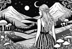 Straight blonde hair girl facing away toward mountains surrounded by mushrooms crescent moon circular design black and white striped dress tattoo idea