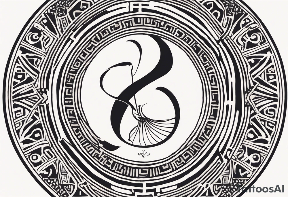 "Craft a minimalist round tattoo inspired by ancient Greek art, featuring Clio, the muse of history and lyre-playing. Design a circular composition with Clio depicted in the center, holding a scroll and a lyre. Surround her with simple yet symbolic elements such as laurel wreaths, scrolls, or geometric patterns reminiscent of ancient Greek pottery. Ensure the design maintains a minimalist style, with clean lines and limited detail, while capturing the essence of Clio's affinity for knowledge and the arts within the circular frame." tattoo idea