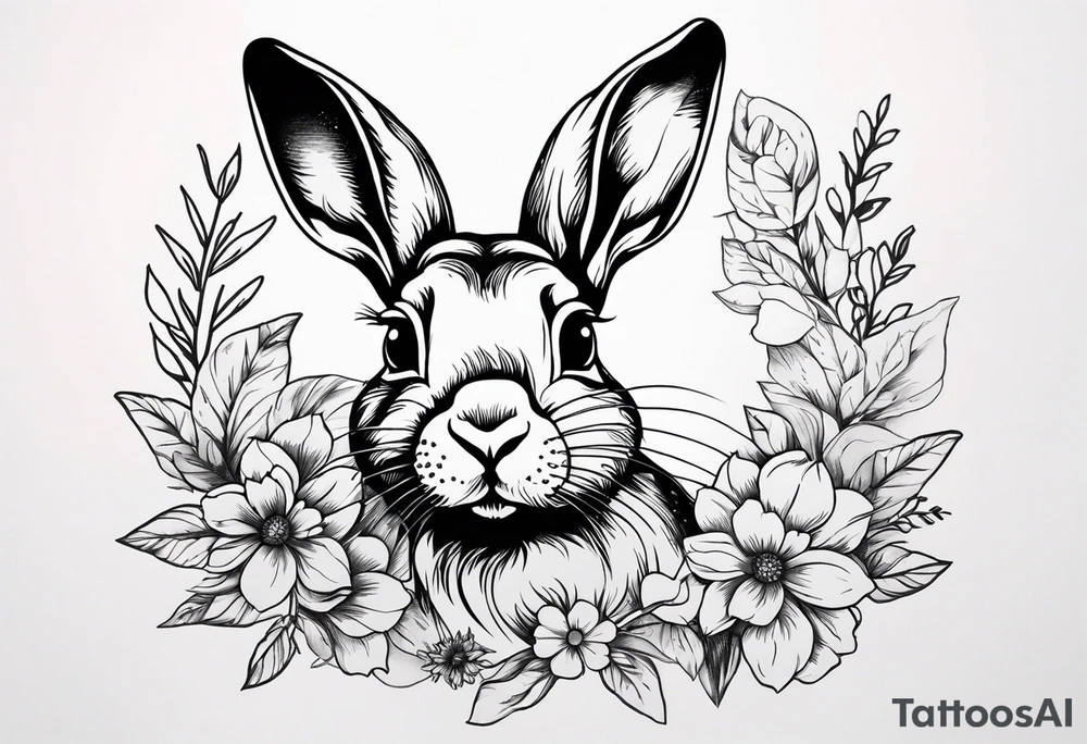 Realistic rabbit head in the middle of realistic flowers and leaves tattoo idea