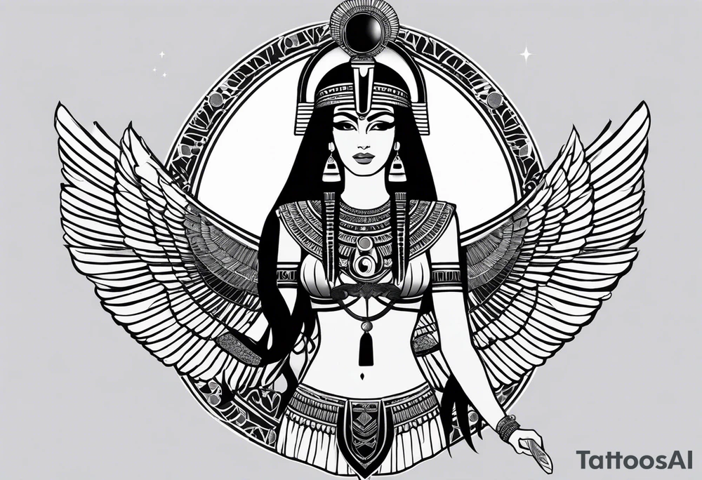 black and white Egyptian goddess Isis, who is often depicted as a woman with outstretched wings, holding an ankh (a symbol of life) in one hand and a lotus flower in the other. Her headdress often includes a throne or a solar disk. The tattoo design can vary in style and size, but it typically aims to capture the essence of this revered Egyptian deity, emphasizing her beauty, power, and maternal qualities. The choice of colors and additional elements can also be customized to create a unique and visually striking representation of the goddess Isis tattoo idea
