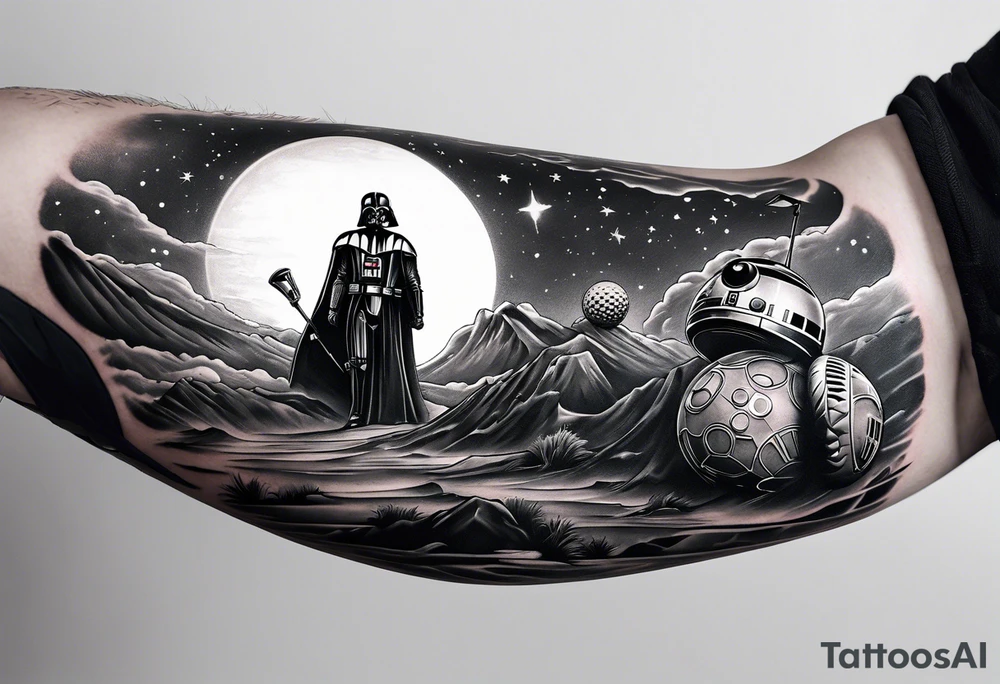 An upper sleeve shoulder tattoo that combines a love for Star Wars and a love for Golf tattoo idea