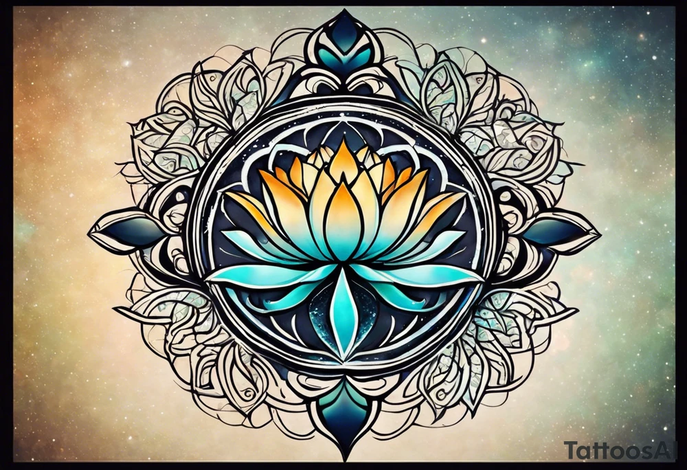 Make a strong and abstract looking combination of a  lotus flower, stone, a science helix and a Greek delta that will take up the upper left portion of my back. you will see within the lotus’s leaves should a rocky area to symbolize strength, a helix to symbolize resiliency and a Greek delta to symbolize transformation. The tattoo should overall represent resiliency and strength and present a strong, firm foundation that displays strength in the face of trauma. Make sure to also be able to identify the rock, the helix and the delta symbol tattoo idea