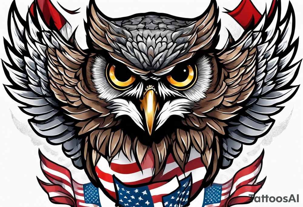 angry owl swooping down with talons holding an american flag tattoo idea