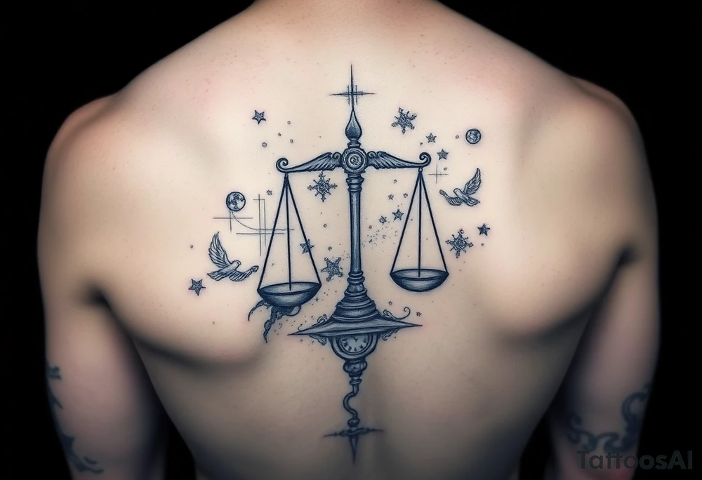 galaxy tattoo with scales weighing time tattoo idea