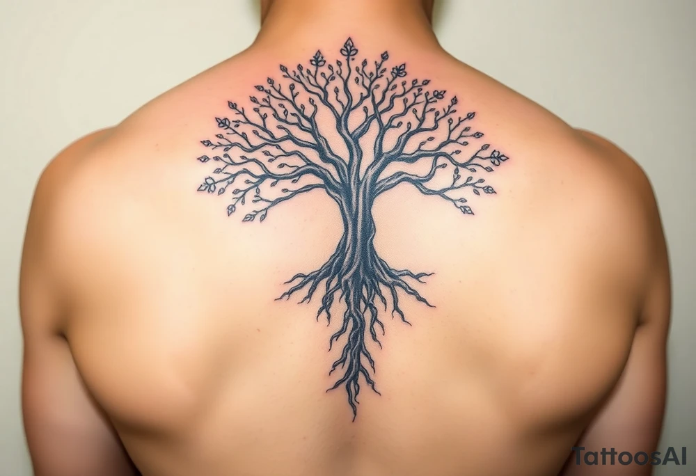 mystical tree of life with cosmic roots and celestial branches tattoo idea