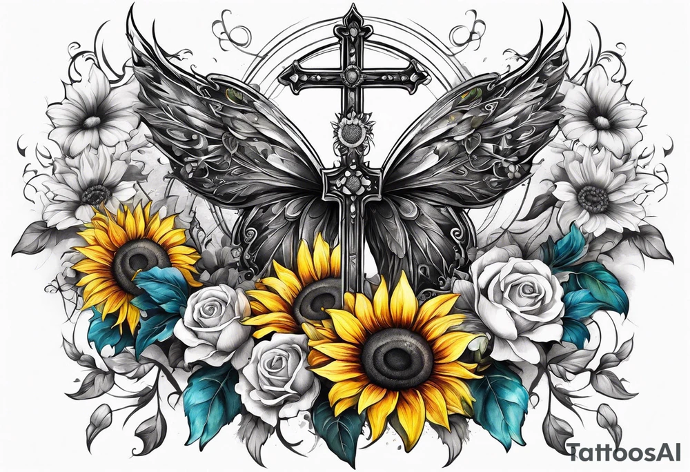 Winged cross with sunflower flowers and butterflies calf sleeve tattoo idea