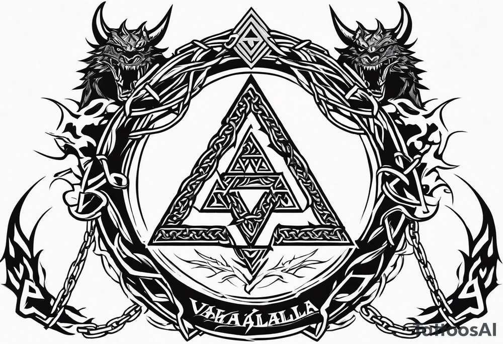 Valhalla sword shield dragon axe barbed wire chains valknut fire tattoo idea Valhalla sword shield dragon axe barbed wire chains valknut fire tattoo idea
