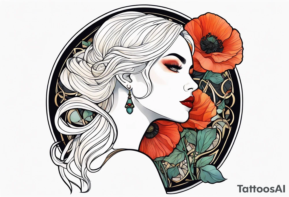 Art nouveau blond woman poppy tattoo idea