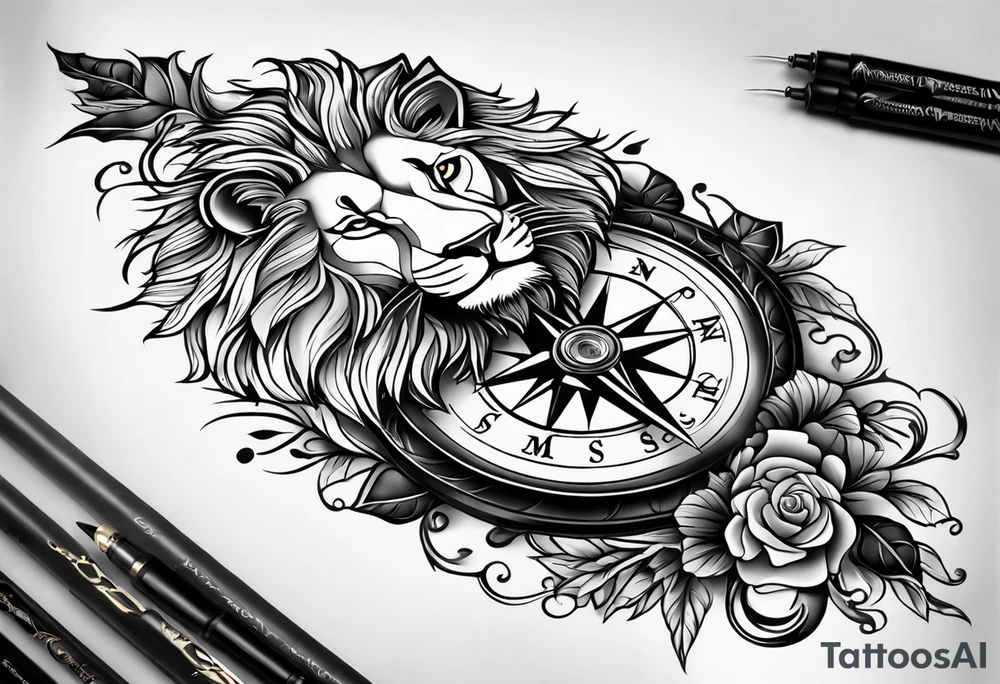 Arm sleeve with ribbon, compass, cross and lion tattoo idea