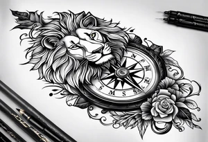 Arm sleeve with ribbon, compass, cross and lion tattoo idea