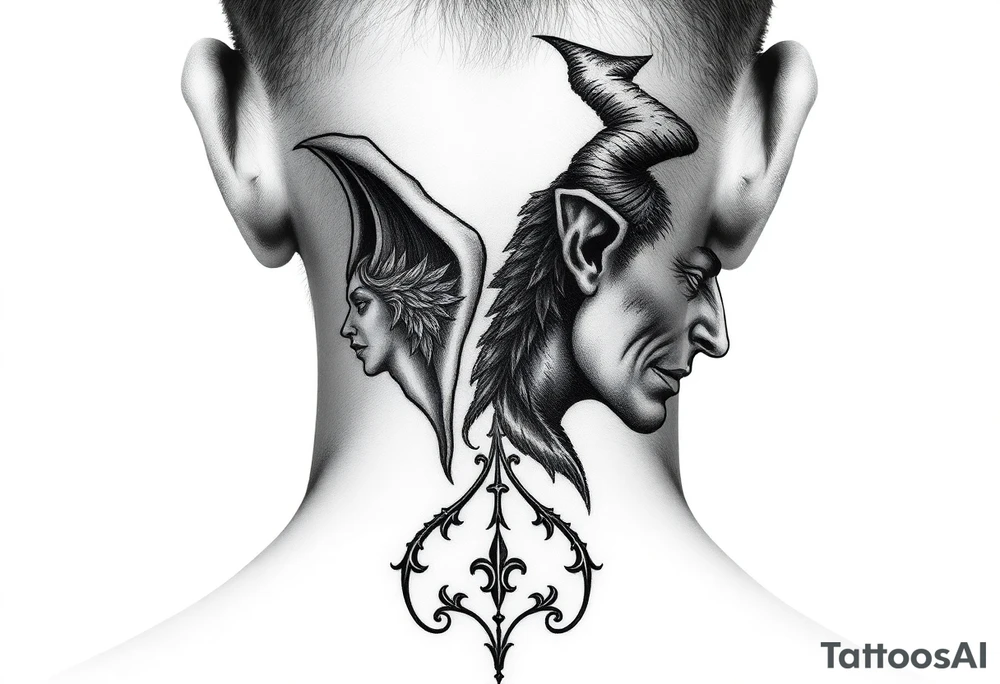 position behind the neck Angel (on the right) whispering in the right ear, demon (on the left) whispering in the left ear tattoo idea