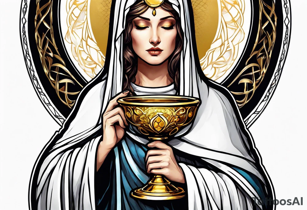 holy saint woman turned away with golden halo holding a chalice tattoo idea
