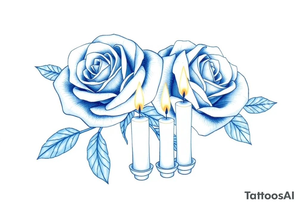 Two roses, two short candles, blue tattoo idea