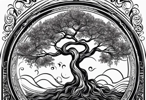 tree of life with roots growing around calming waves for forearm tattoo idea