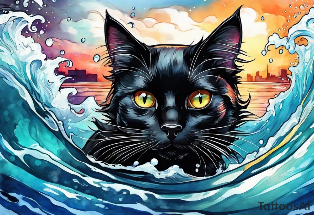 Black cat swimming in a pool tattoo idea