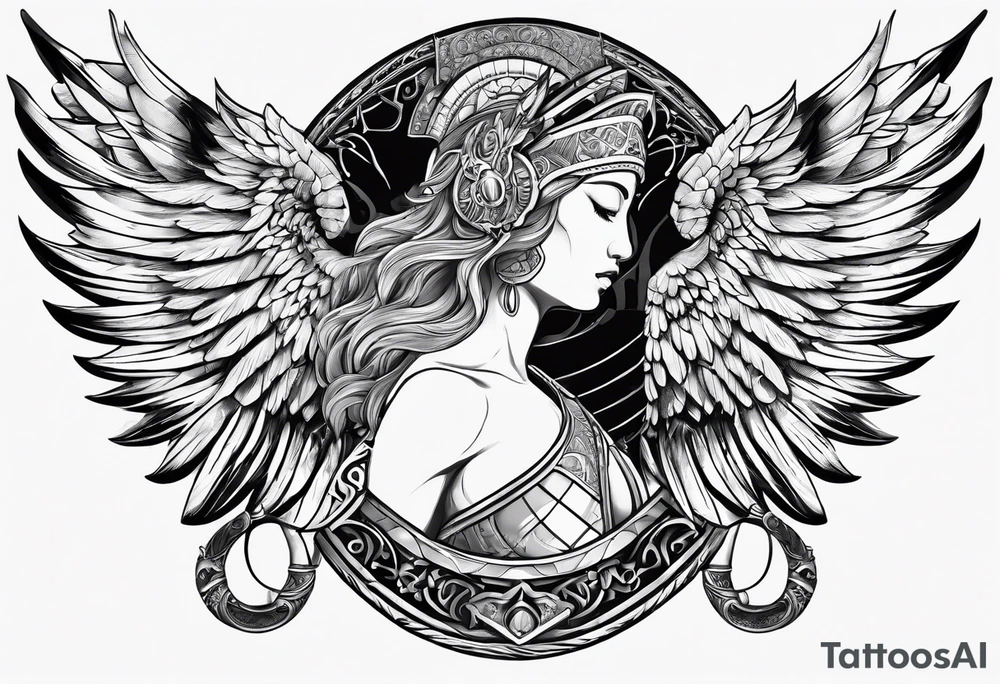gladiator figure, ram horns, angel wings tattoo idea