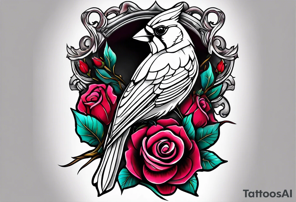 memorial forearm tattoo incorporating roses, a breast cancer ribbon and a cardinal into the tattoo tattoo idea