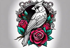 memorial forearm tattoo incorporating roses, a breast cancer ribbon and a cardinal into the tattoo tattoo idea