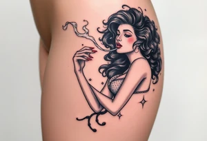 Curly haired Woman smoking while floating in outer space tattoo idea