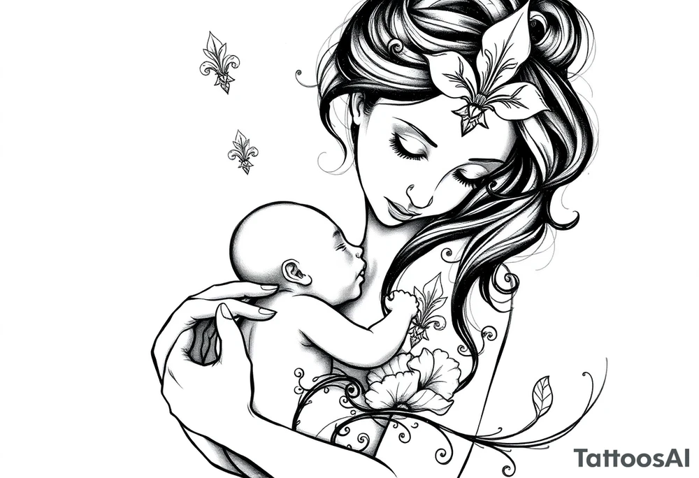 Mère avec fleur de lys au sommet de la tête porte son bébé relié au ciel et à la terre spirituel tattoo idea
