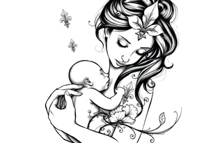 Mère avec fleur de lys au sommet de la tête porte son bébé relié au ciel et à la terre spirituel tattoo idea