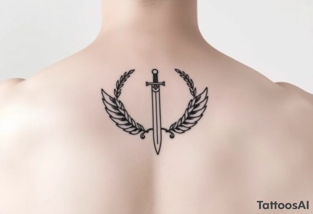 Laurel crown wreath surrounding sword and wings tattoo idea