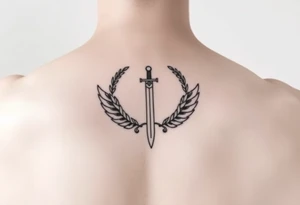 Laurel crown wreath surrounding sword and wings tattoo idea
