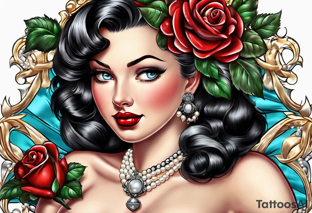 Pearl necklace wrapped around 1950s pinup pumps with roses surrounding tattoo idea