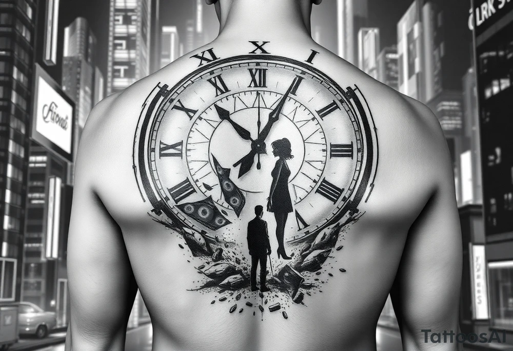 dark futuristic back tattoo, lonely man standing in a neon city, giant broken clock behind him, holographic money dissolving into particles, ghost silhouette of a woman disappearing, emotional storytelling tattoo, cyberpunk style, ultra detailed full back piece tattoo idea