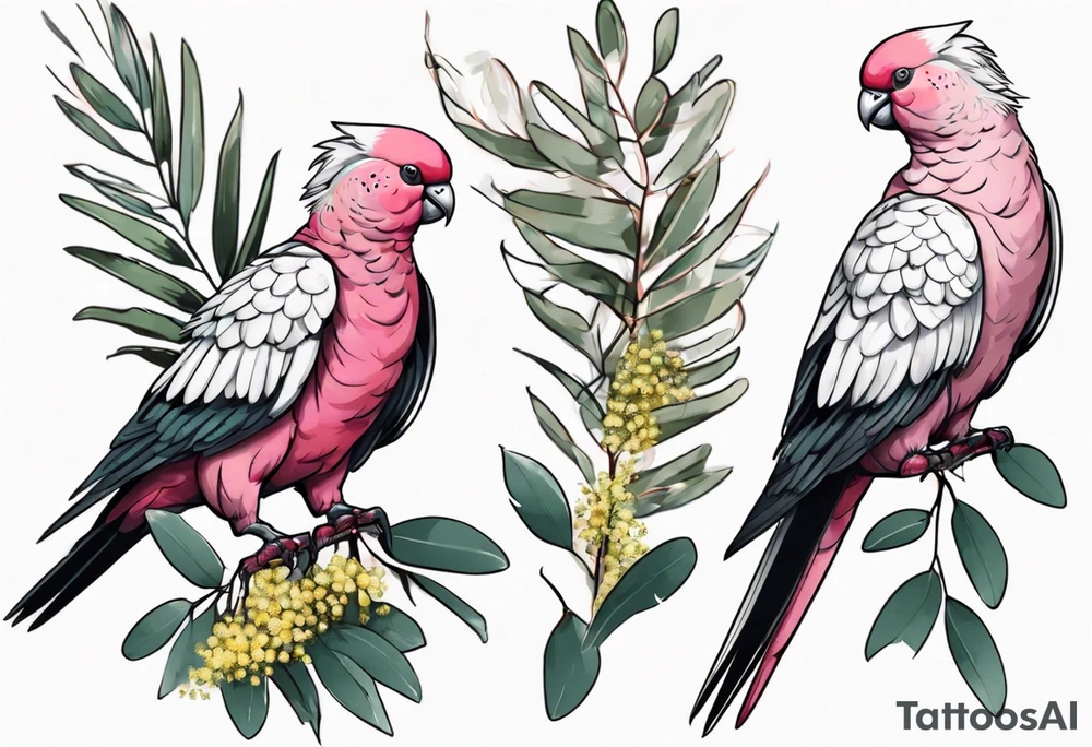 Galahs sitting on wattle and eucalyptus leaves tattoo idea