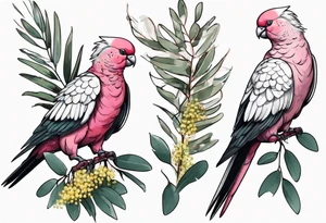 Galahs sitting on wattle and eucalyptus leaves tattoo idea