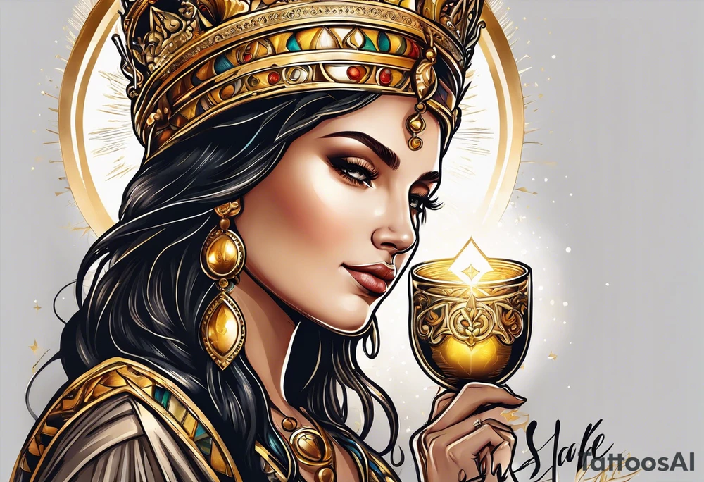 woman saint holding chalice surrounded by golden halo portrait tattoo idea