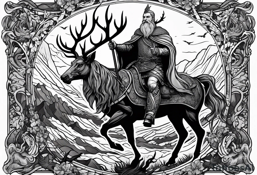 Nordic god Balder in the land of the dead riding on an undead stag tattoo idea