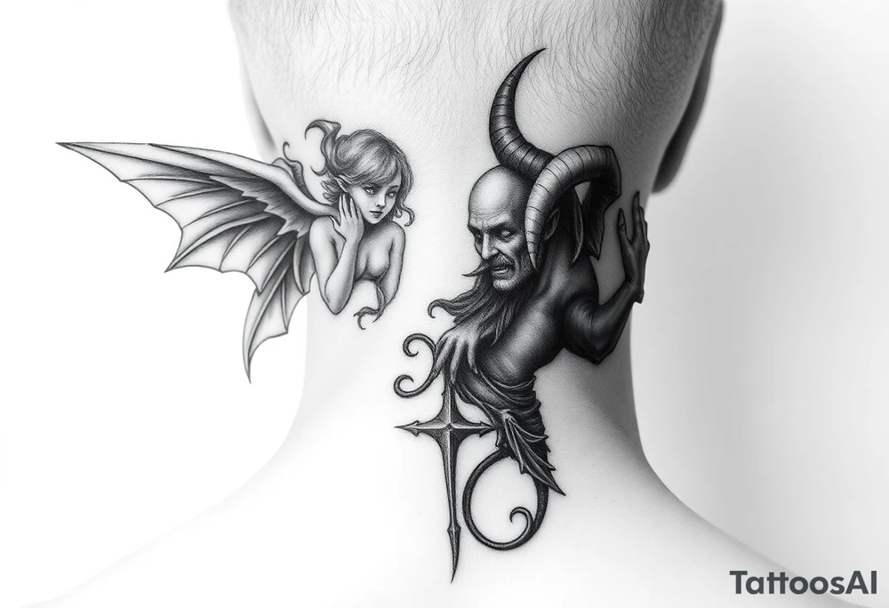 position behind the neck Angel (on the right) whispering in the right ear, demon (on the left) whispering in the left ear tattoo idea