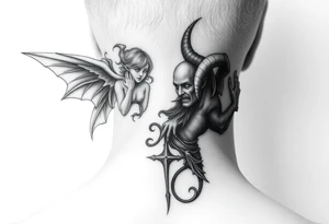 position behind the neck Angel (on the right) whispering in the right ear, demon (on the left) whispering in the left ear tattoo idea