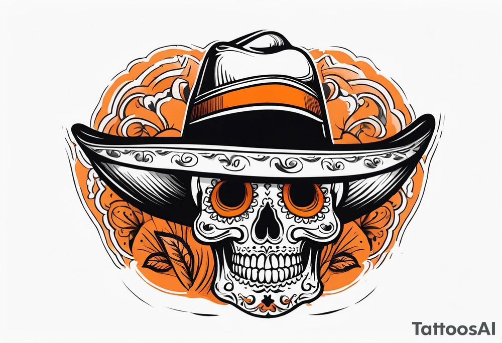 Mexican skull with sombrero with smoke coming out of the bottom orange and black tattoo idea