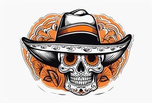 Mexican skull with sombrero with smoke coming out of the bottom orange and black tattoo idea