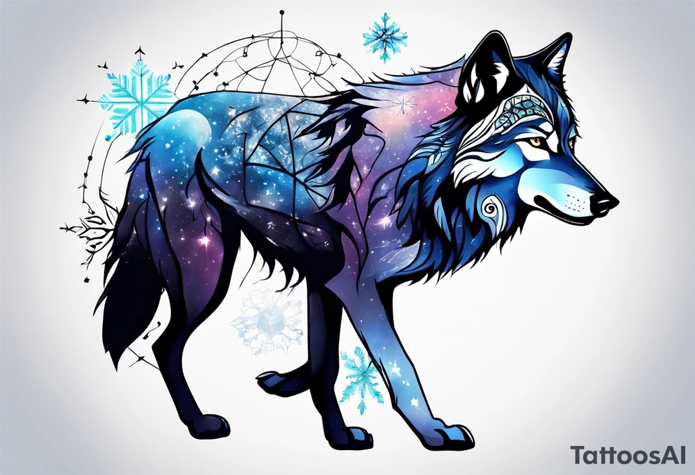 Constellation, two animal wolf, snowflake tattoo idea