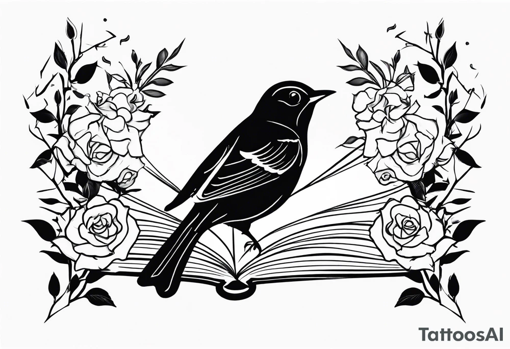 A Nightingale singing in a bush of Damascus roses above a music sheet tattoo idea