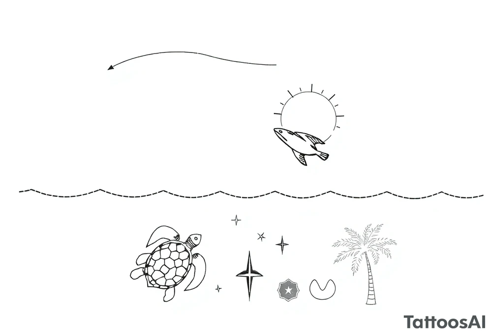 Tatouage fineline vertical, noir et blanc, de style minimaliste et spirituel. De haut en bas : une flèche stylisée pointant vers le ciel, suivie d’une ligne ondulée évoquant le vent ou une trajectoire de voyage. Juste en dessous, un petit avion en vol, stylisé, laissant une traînée fine qui s’intègre harmonieusement dans la composition. Quelques oiseaux en vol renforcent le thème de la liberté et du voyage. Ensuite, un soleil rayonnant, deux tortues marines superposées et orientées vers le haut, entourées de petits symboles évoquant le mouvement sous-marin. Plus bas, un palmier tropical, une étoile de mer, et des éléments géométriques discrets (points, lignes, flèches) pour équilibrer l’ensemble. Le style est délicat, équilibré, et évoque la nature, l’évasion, et le voyage intérieur autant qu’extérieur. tattoo idea