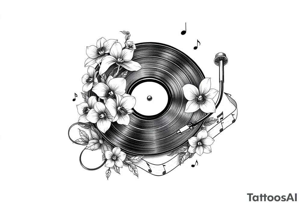 vinyl record player with mushrooms, orchids, and music notes around it tattoo idea