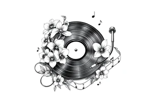 vinyl record player with mushrooms, orchids, and music notes around it tattoo idea