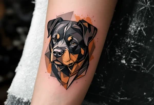 Geometric Rottweiler Head – A stylized Rottweiler head with clean black geometric lines and a splash of dark orange and tan watercolor accents. tattoo idea