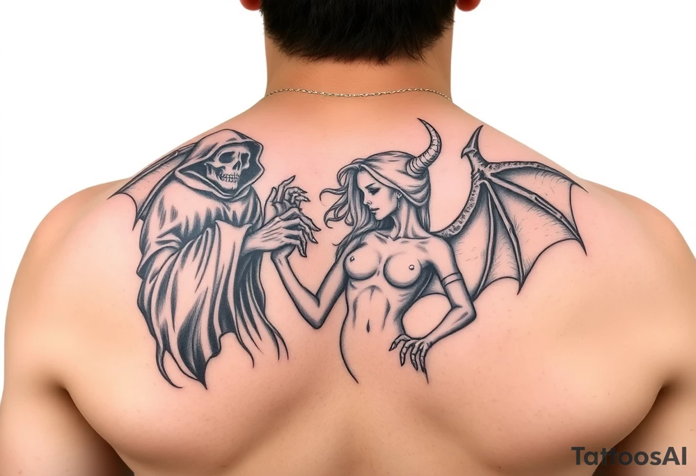 Grim reaper protecting female demon tattoo idea
